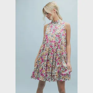 FLORAL SATIN HIGH NECK MINI DRESS
