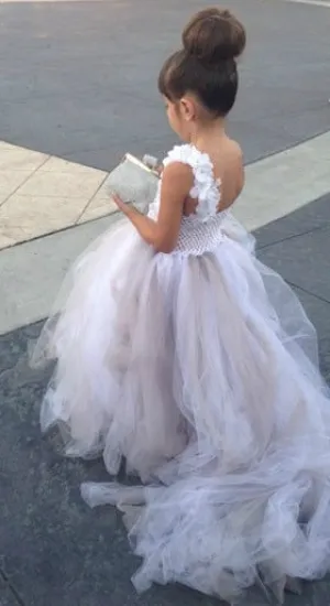 Flower Girl Dress With Little Petals On Bodice And Tutu Skirt With Train Tulle Couture Inspired