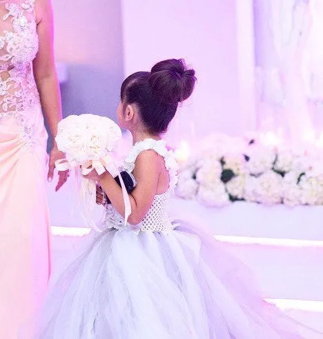Flower Girl Dress With Little Petals On Bodice And Tutu Skirt With Train Tulle Couture Inspired