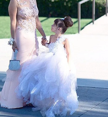 Flower Girl Dress With Little Petals On Bodice And Tutu Skirt With Train Tulle Couture Inspired