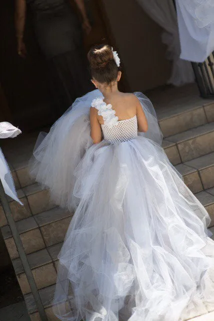 Flower Girl Dress With Little Petals On Bodice And Tutu Skirt With Train Tulle Couture Inspired