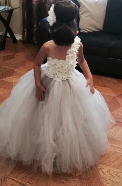 Flower Girl Dress With Little Petals On Bodice And Tutu Skirt With Train Tulle Couture Inspired