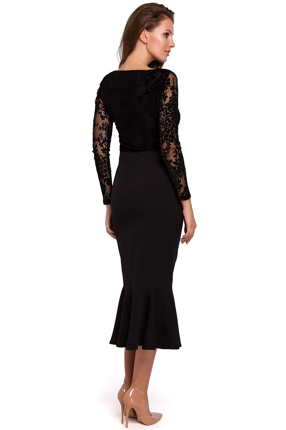 Frilled High-Waist Midi Skirt