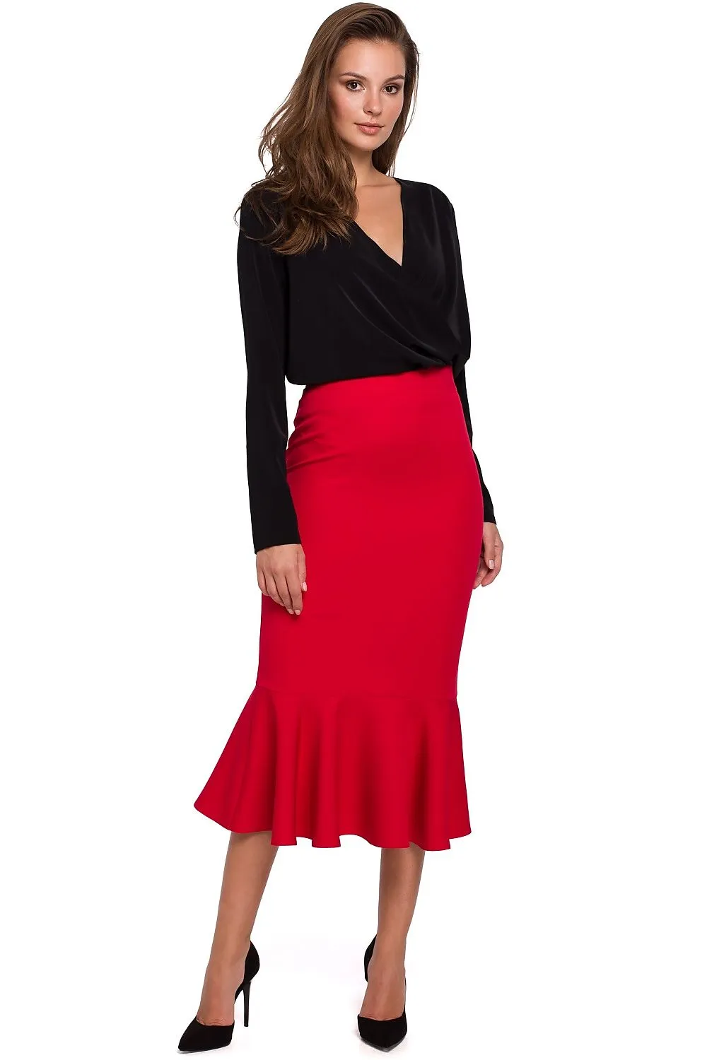 Frilled High-Waist Midi Skirt