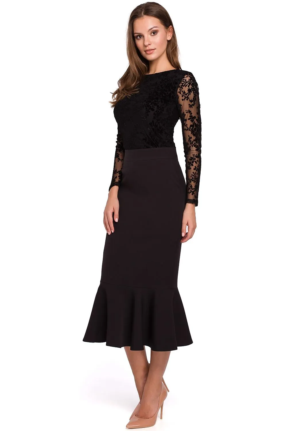 Frilled High-Waist Midi Skirt
