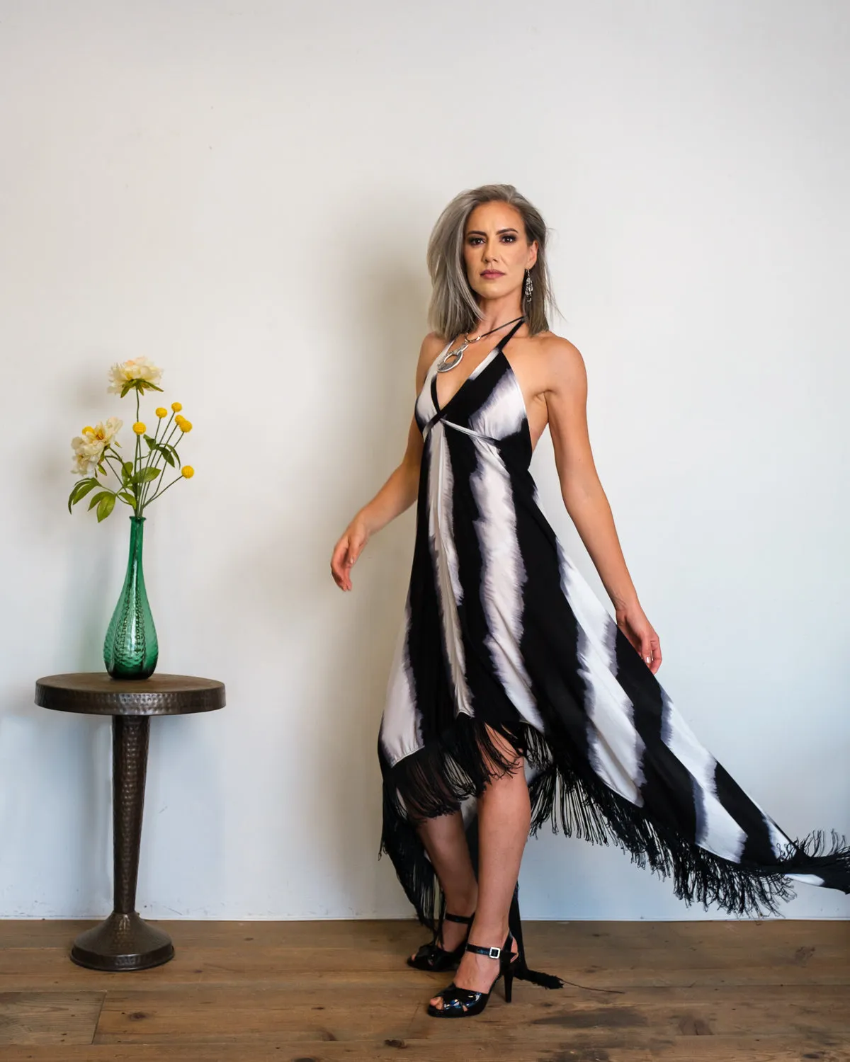 Fringed Trapeze Halter Dress.