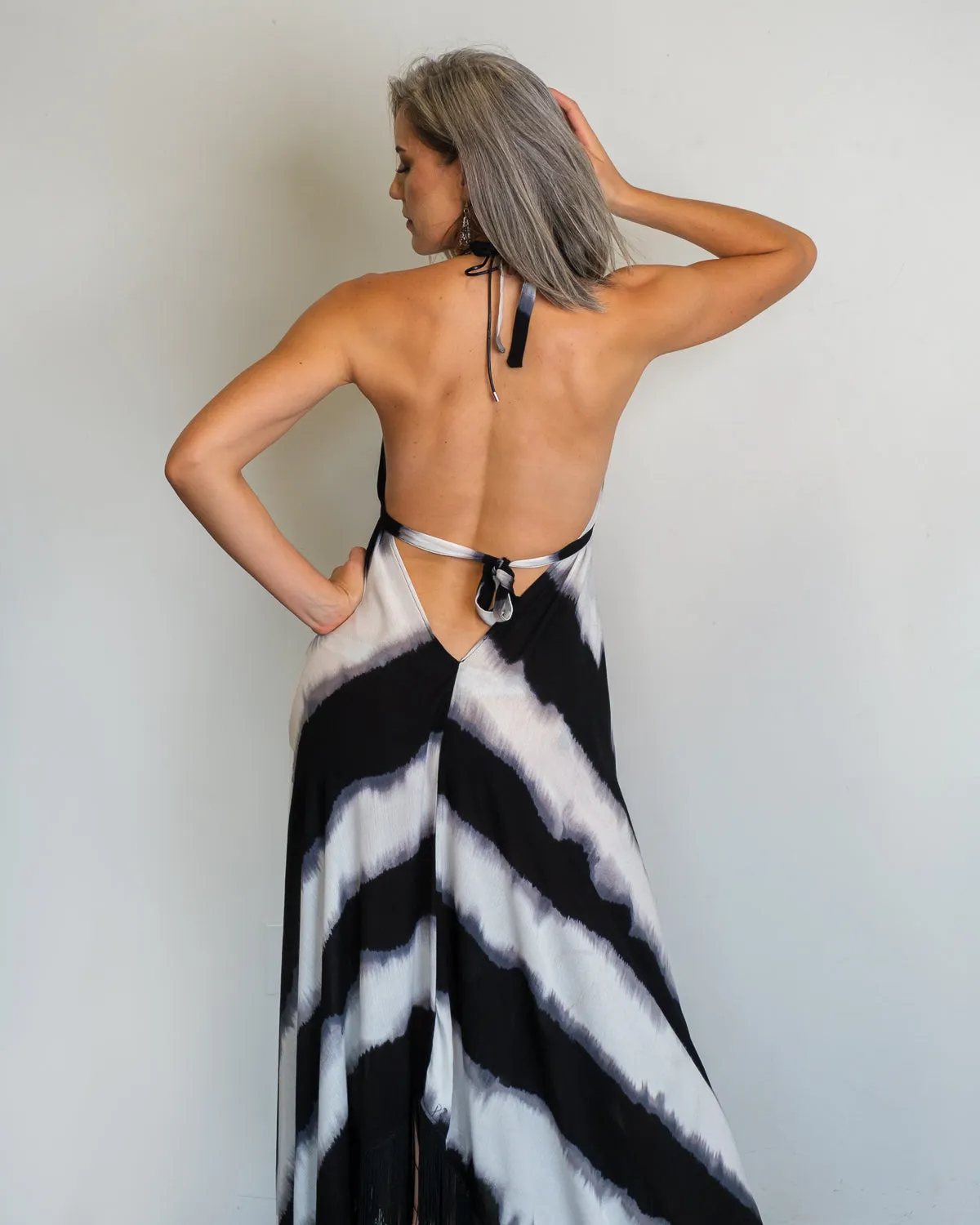 Fringed Trapeze Halter Dress.