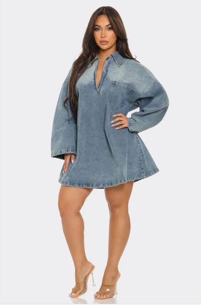 Front Denim Zipper Mini Dress