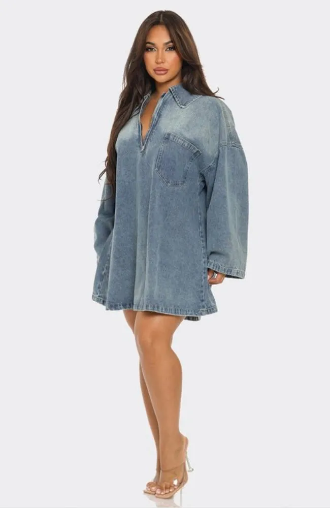 Front Denim Zipper Mini Dress