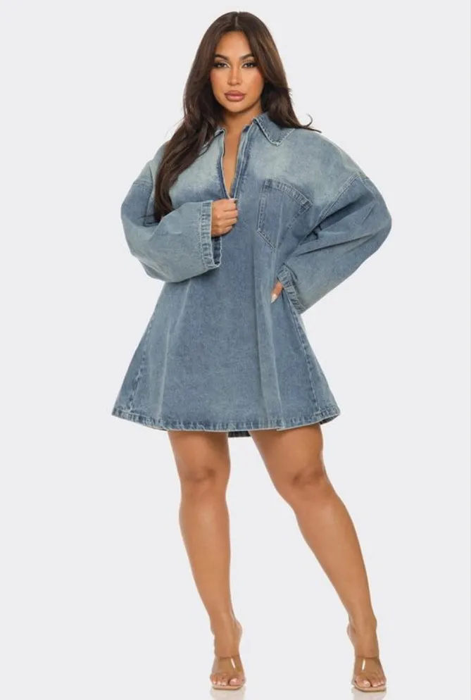 Front Denim Zipper Mini Dress