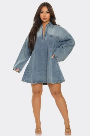 Front Denim Zipper Mini Dress