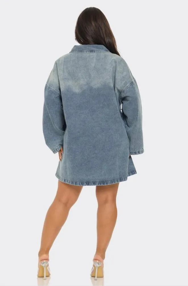 Front Denim Zipper Mini Dress