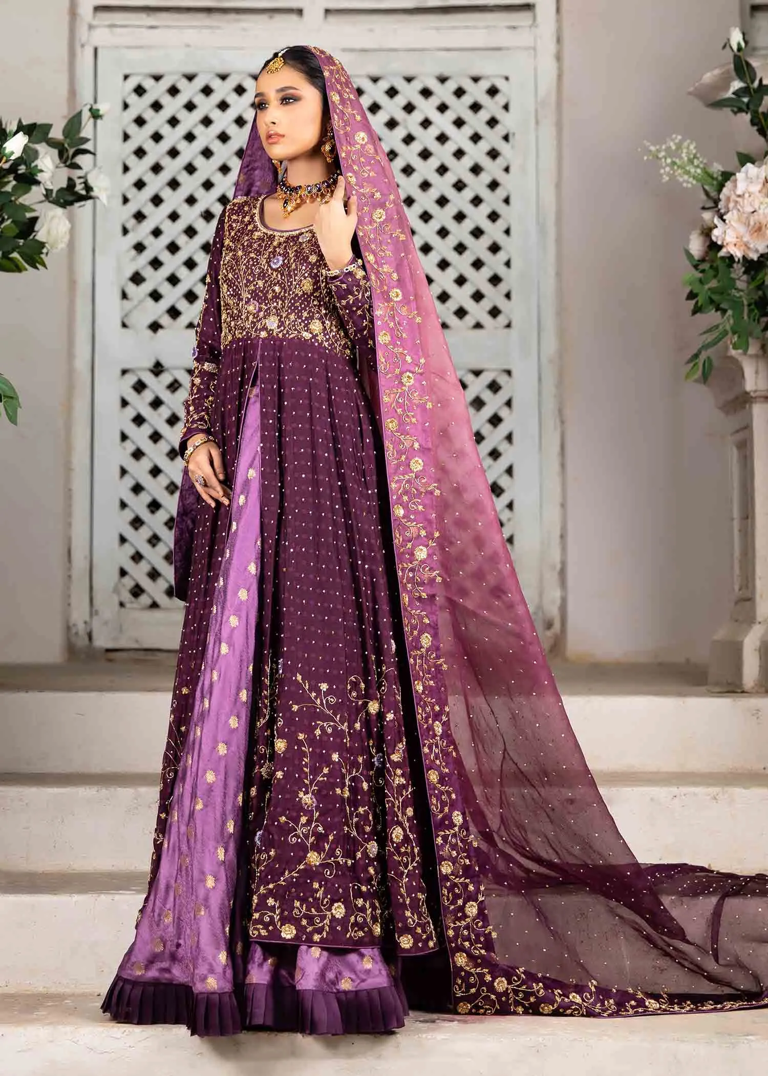 Front Open Bridal Pishwas Frock with Sharara Dress