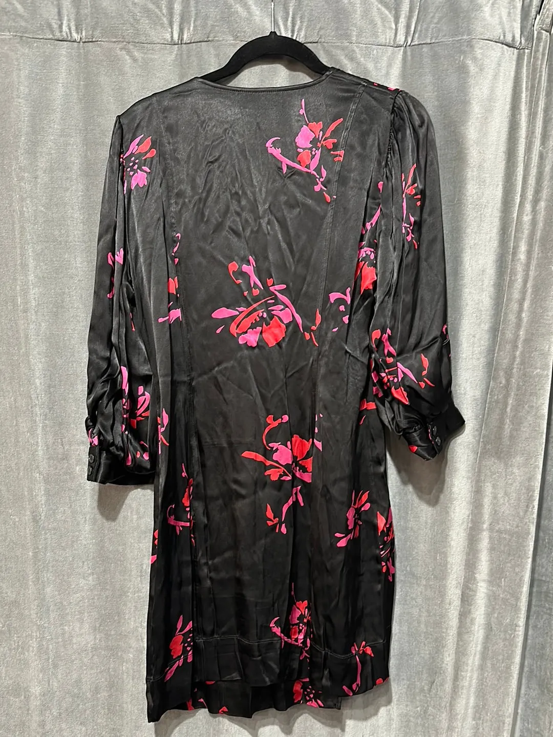 GANNI Black Three Quarter Sleeve Pink and Red Floral Mini Wrap Dress