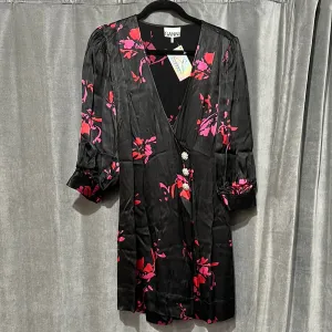 GANNI Black Three Quarter Sleeve Pink and Red Floral Mini Wrap Dress