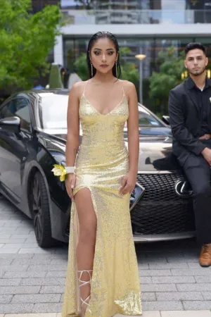 Glamous Halter Side Slit Sleeveless Floor Length Prom Dresses