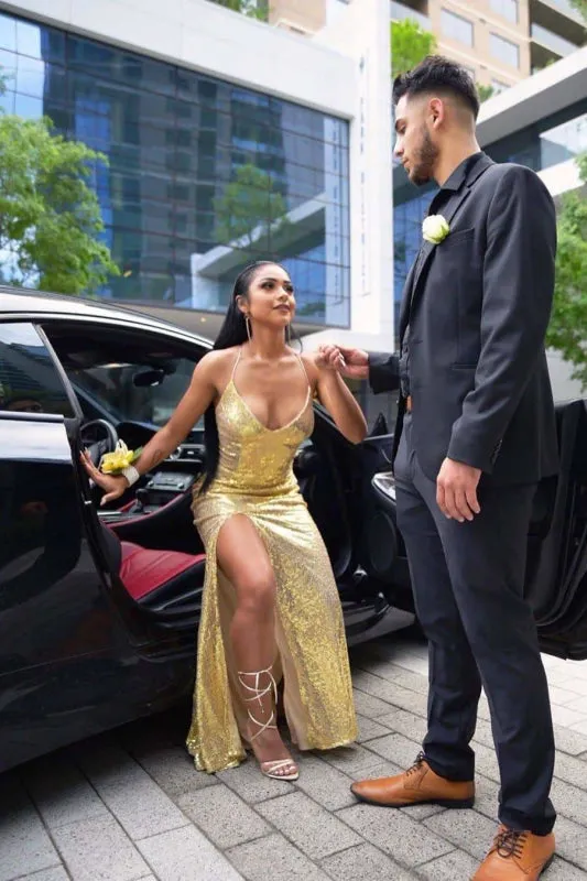 Glamous Halter Side Slit Sleeveless Floor Length Prom Dresses