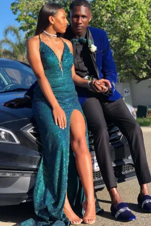Glamous Halter Sleeveless Side Slit Floor Length Prom Dresses