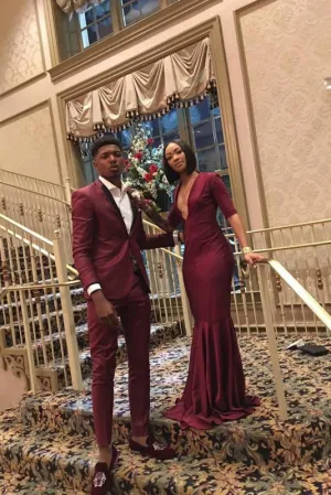 Gorgeous Burgundy Mermaid Prom Dress Short Sleeves Evening Dresses