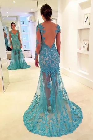 Gorgeous Mermaid V-neck Gown Long Sleeves Prom Dress with Lace Appliques