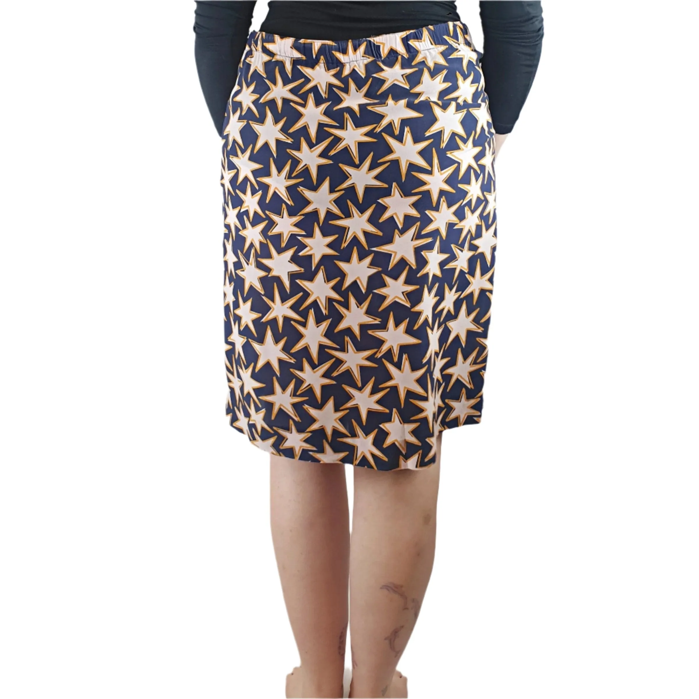 Gorman navy 100% silk skirt with pink and orange star print fits size 12