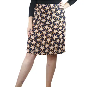 Gorman navy 100% silk skirt with pink and orange star print fits size 12