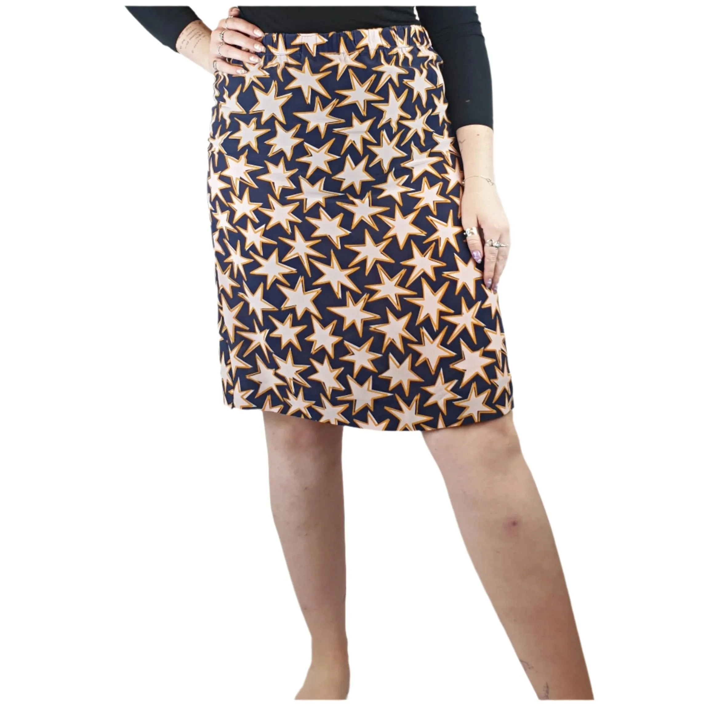 Gorman navy 100% silk skirt with pink and orange star print fits size 12