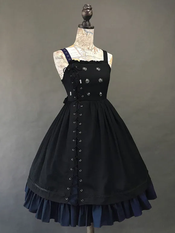Gothic Lolita JSK Dress Black Burgundy Sleeveless Ruffles Lace Up Polyester Jumper Skirt