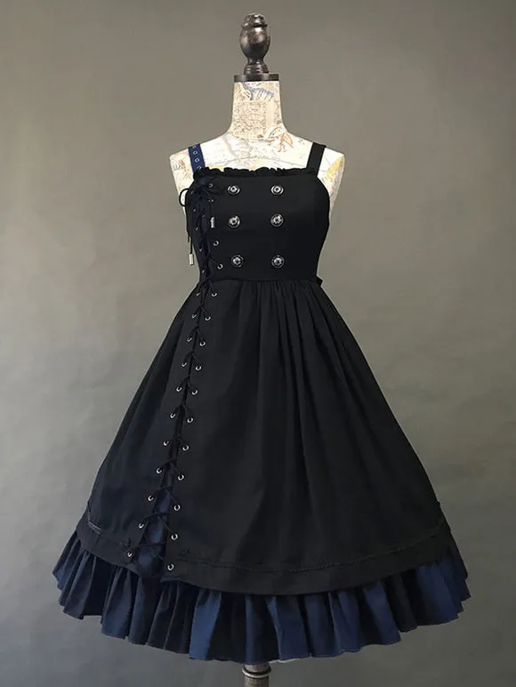 Gothic Lolita JSK Dress Black Burgundy Sleeveless Ruffles Lace Up Polyester Jumper Skirt