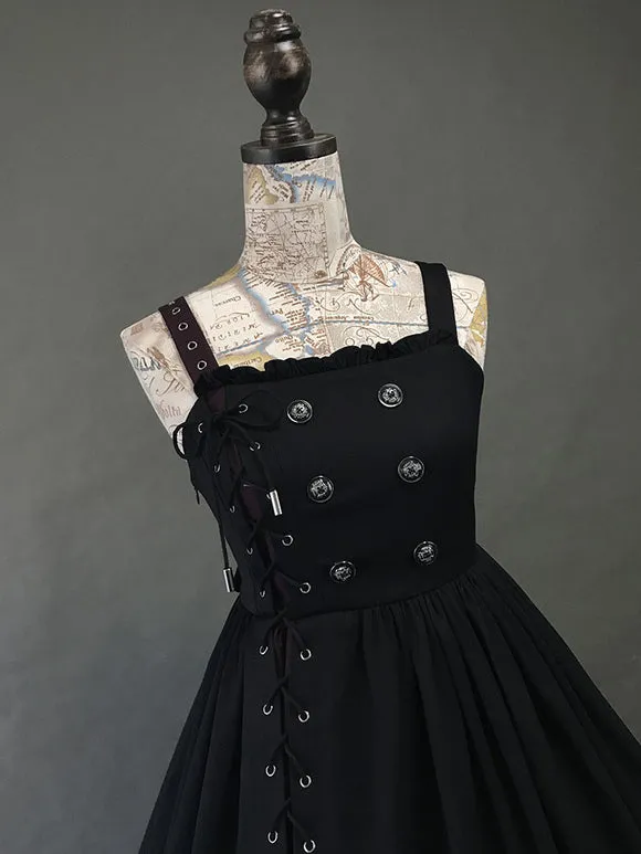 Gothic Lolita JSK Dress Black Burgundy Sleeveless Ruffles Lace Up Polyester Jumper Skirt