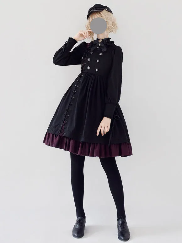 Gothic Lolita JSK Dress Black Burgundy Sleeveless Ruffles Lace Up Polyester Jumper Skirt