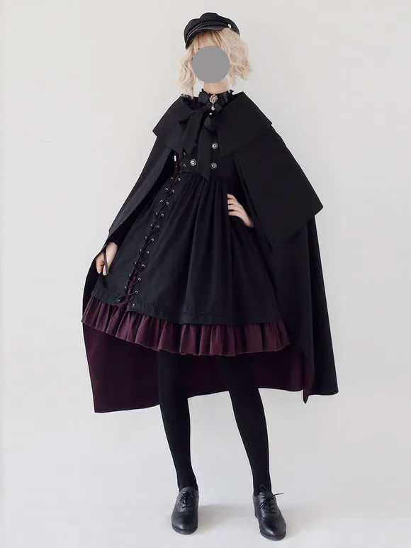 Gothic Lolita JSK Dress Black Burgundy Sleeveless Ruffles Lace Up Polyester Jumper Skirt