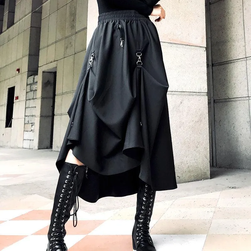 Gothic Long Skirt Techwear High Waist Chain Pocket Strap Cargo Skirt