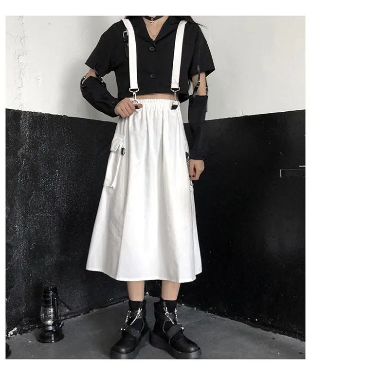 Gothic Long Skirt Techwear High Waist Chain Pocket Strap Cargo Skirt