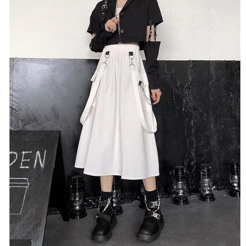 Gothic Long Skirt Techwear High Waist Chain Pocket Strap Cargo Skirt