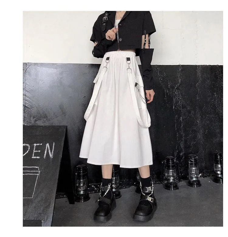 Gothic Long Skirt Techwear High Waist Chain Pocket Strap Cargo Skirt