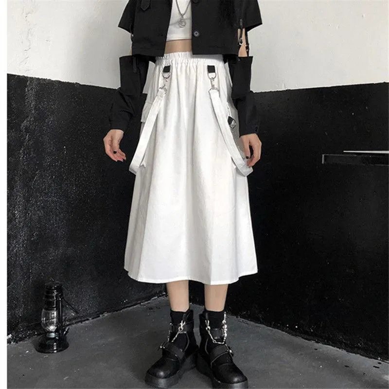 Gothic Long Skirt Techwear High Waist Chain Pocket Strap Cargo Skirt