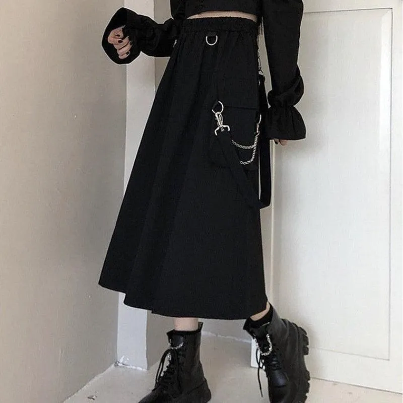 Gothic Long Skirt Techwear High Waist Chain Pocket Strap Cargo Skirt