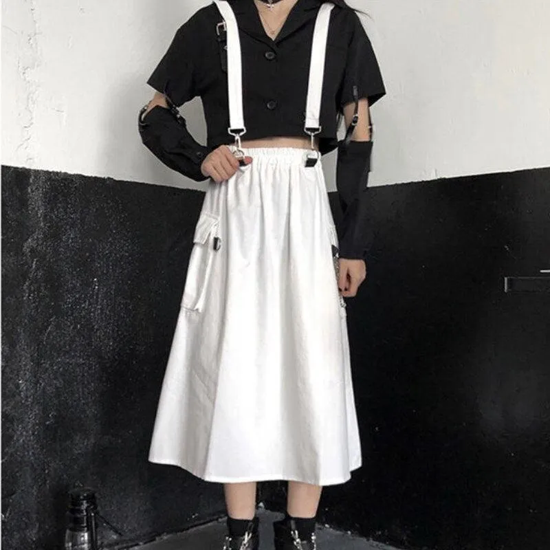 Gothic Long Skirt Techwear High Waist Chain Pocket Strap Cargo Skirt