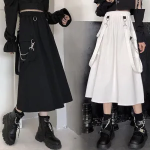 Gothic Long Skirt Techwear High Waist Chain Pocket Strap Cargo Skirt
