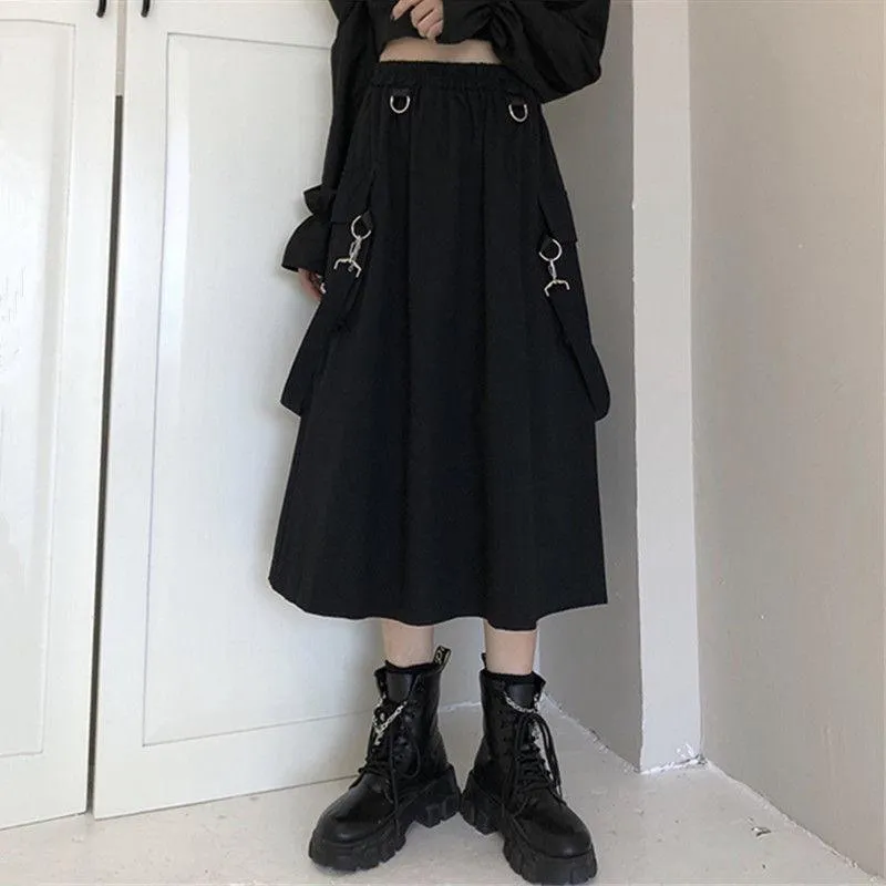 Gothic Long Skirt Techwear High Waist Chain Pocket Strap Cargo Skirt