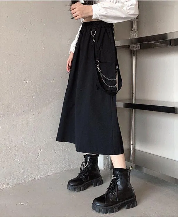 Gothic Long Skirt Techwear High Waist Chain Pocket Strap Cargo Skirt