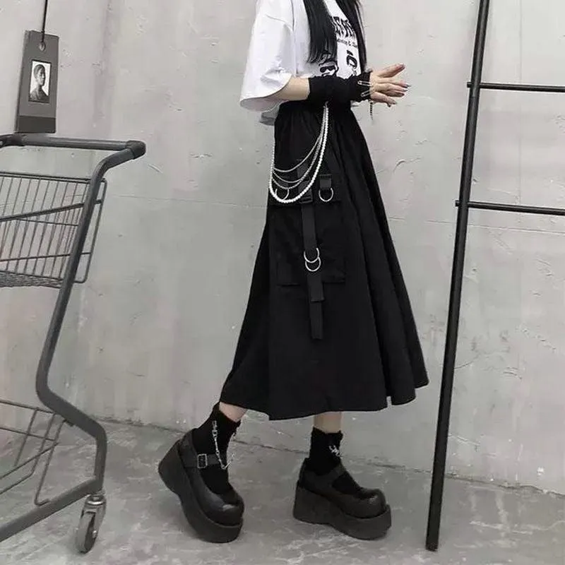 Gothic Long Skirt Techwear High Waist Chain Pocket Strap Cargo Skirt