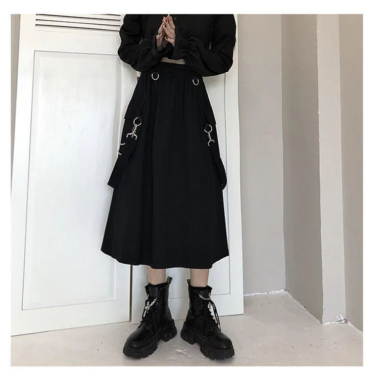 Gothic Long Skirt Techwear High Waist Chain Pocket Strap Cargo Skirt