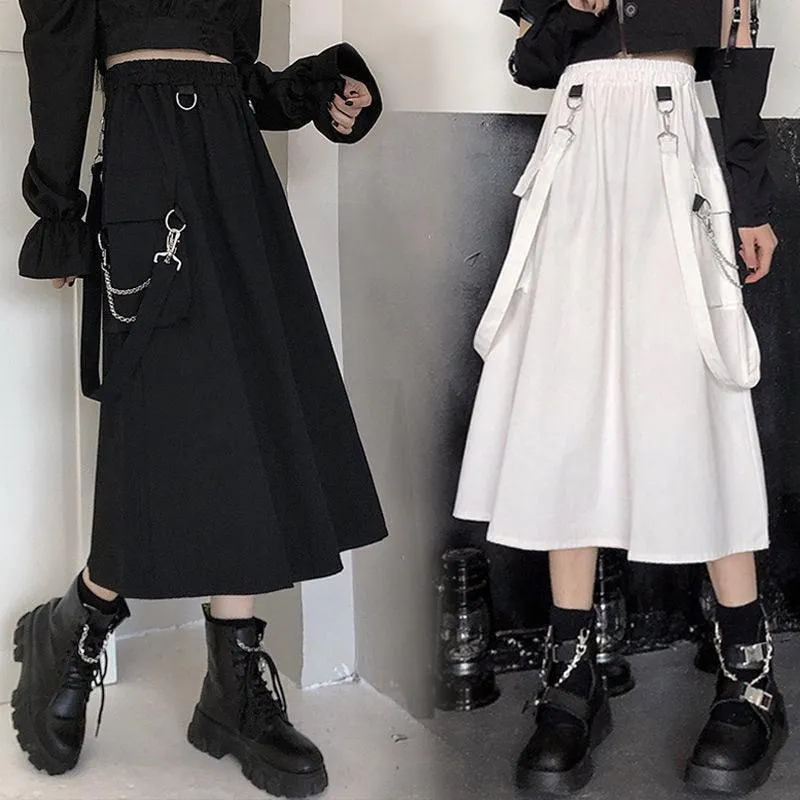Gothic Long Skirt Techwear High Waist Chain Pocket Strap Cargo Skirt