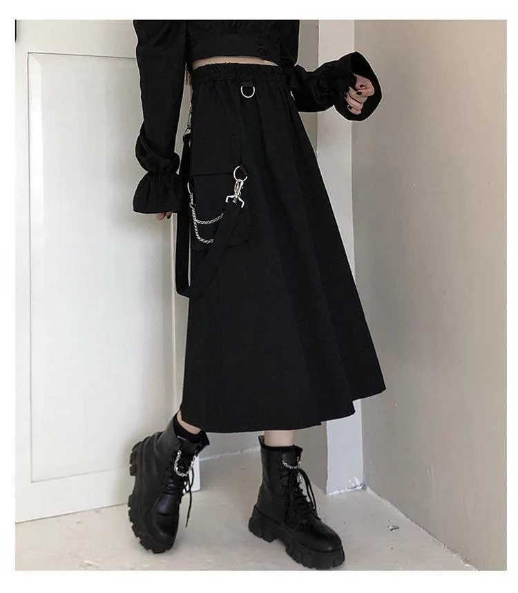 Gothic Long Skirt Techwear High Waist Chain Pocket Strap Cargo Skirt