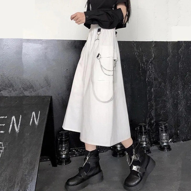 Gothic Long Skirt Techwear High Waist Chain Pocket Strap Cargo Skirt