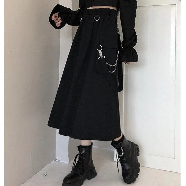 Gothic Long Skirt Techwear High Waist Chain Pocket Strap Cargo Skirt