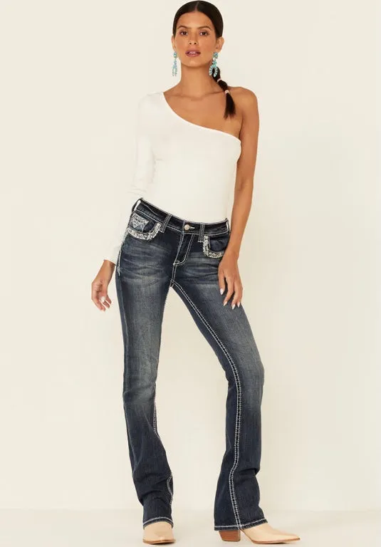 Grace in LA Medium Wash Embroiderd Bootcut Jeans