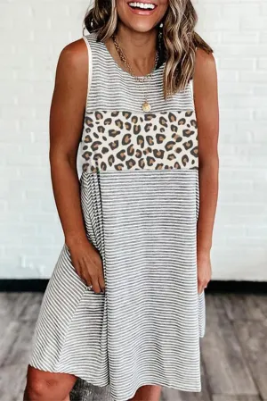 Gray Leopard Patchwork Striped Sleeveless Dress